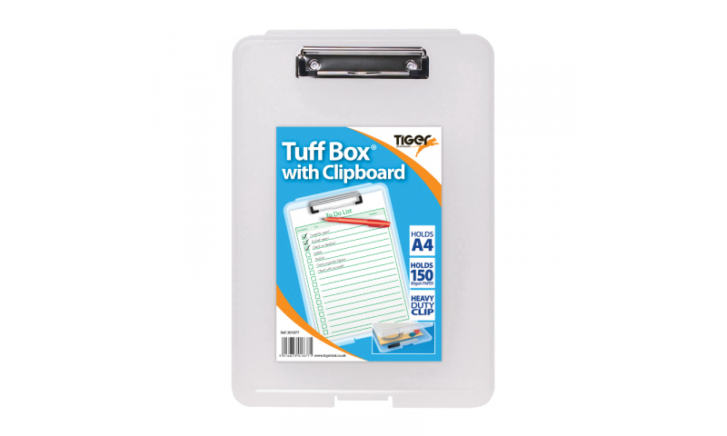Tiger Tuff Transparent Box, Foolscap with Heavy Duty Clipboard, 150 Sheet Capacity.  (Clear or Black)