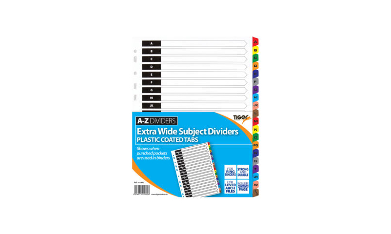 Tiger A4 Card Dividers, 20 Part Extra Wide, A-Z Mylar Tabbed