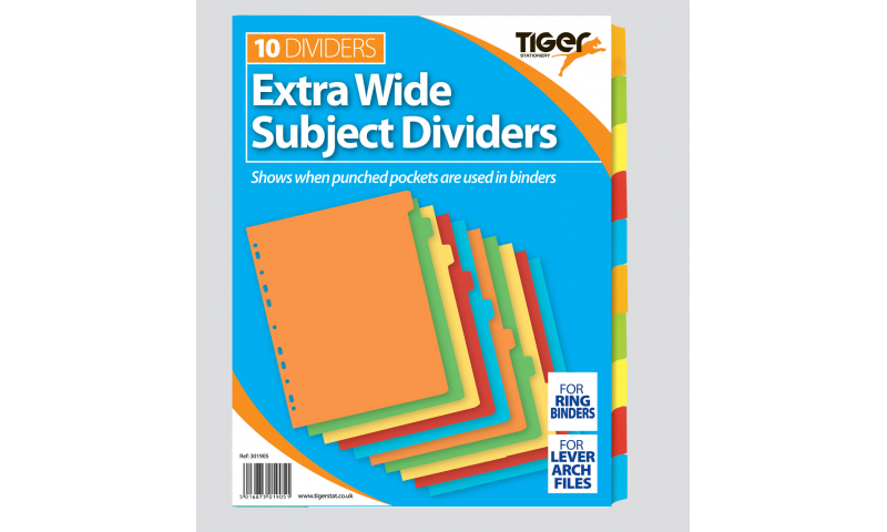 Tiger A4 Extra-wide 10 Part Coloured Tabbed Card Dividers