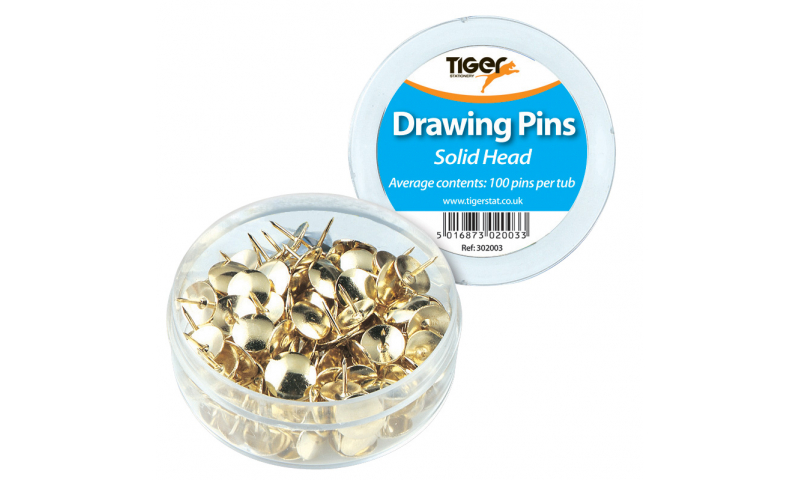 Tiger Brass Solid Head Large Drawing Pins in tub of 100