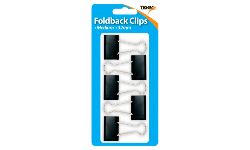 Tiger 32mm Large Foldback Clips 5 Pack, Hangcarded
