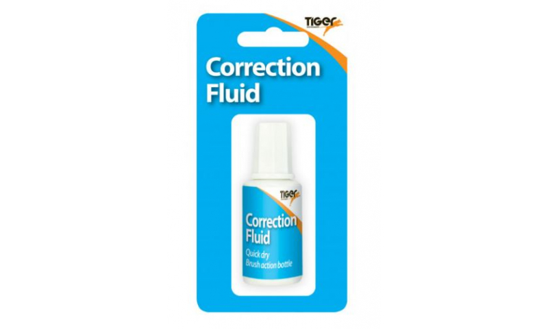 Tiger Quick Dry Correction Fluid with Brush, 20ml, Carded.  (New Lower Price for 2022)
