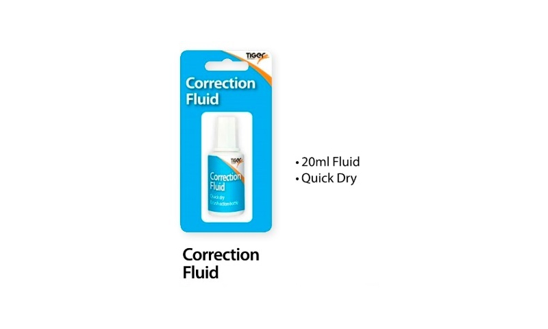 Tiger Quick Dry Correction Fluid with Brush, 20ml, Carded.  (New Lower Price for 2021)