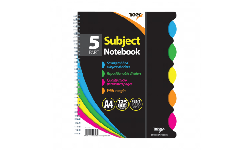 Tiger A4 5 Subject Notebook 125 Sheets, Feint Ruled, 70gsm Perforated Pages, 420 Mic Polyprop cover.