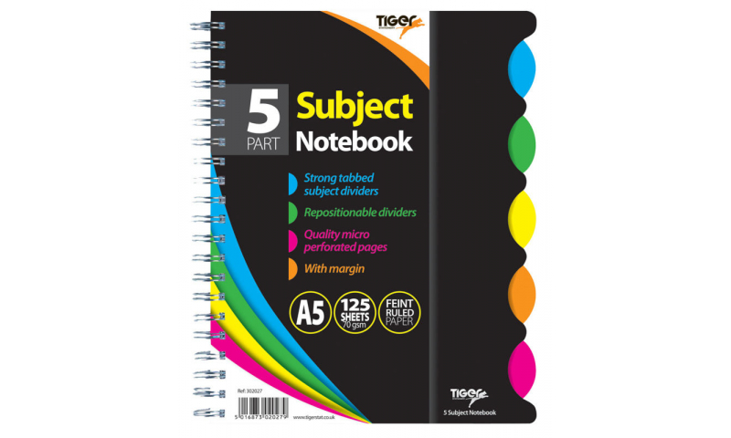 Tiger A5 5 Subject Notebook 125 Sheets, Feint Ruled, 70gsm Perforated Pages, 420 Mic Polyprop cover.