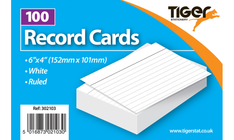 Tiger Ruled Record/Revision Cards, White Pack 100pks, 6"x4”