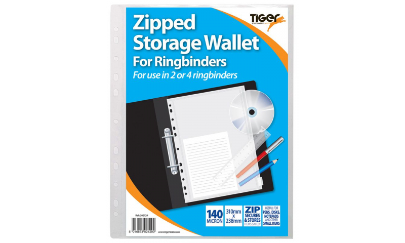 Tiger A4 Clear Zipped Storage Stud Wallet, Punched for Binders 140mic