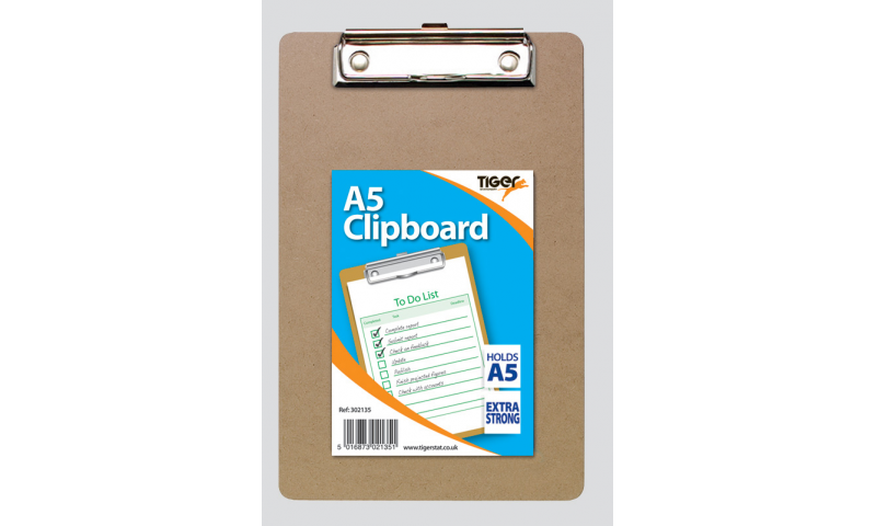Tiger A5 Masonite Clipboard with Strong Clip, 225 x 155mm