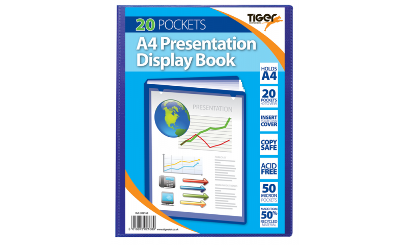 Tiger A4 Presentation Display Book, 20 Pocket 50 micron Blue