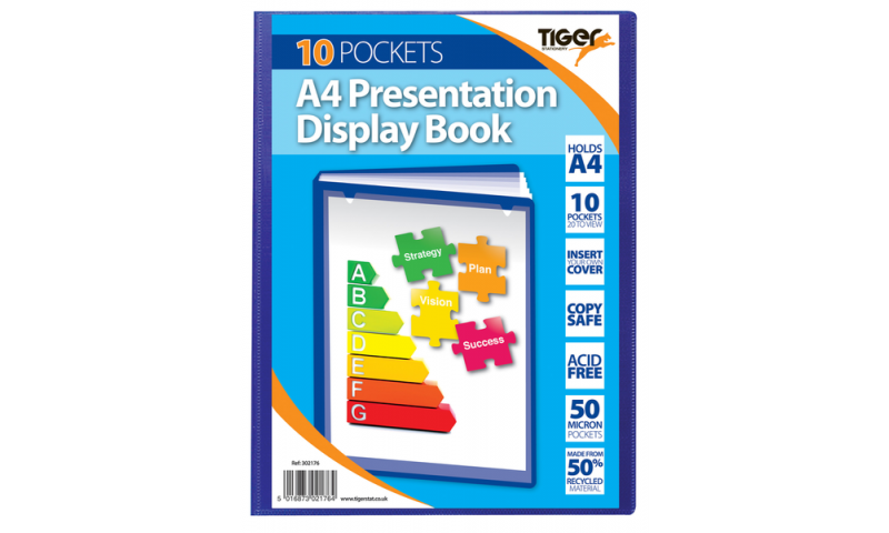 Tiger A4 Presentation Display Book, 10 Pocket 50 micron Blue