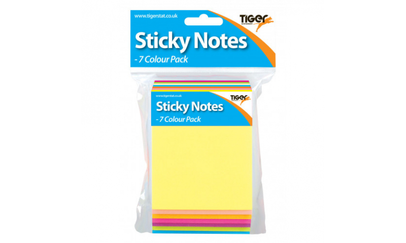 Tiger 7 colour Neon Sticky Note Pad, hang pack.