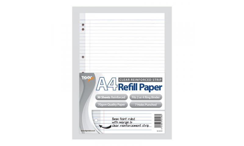 Tiger A4 Refill Paper, 50 Sheets, with Multipunched Reinforced Strip, Perforated