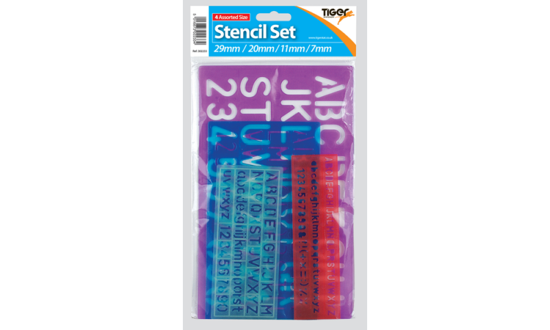 Tiger Lettering 4 Piece Colourful Stencil Set, Hangpacked