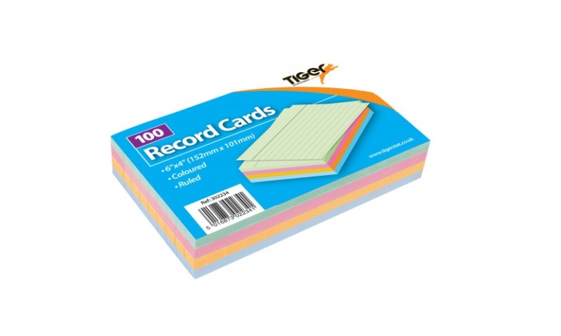 Tiger Ruled Record/Revision Cards, Ruled & Coloured 100 Pack, 6"x4”