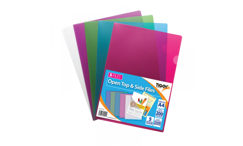 Tiger A4 Open Top & Side Letter Files, Strong 200mic, pack of 25, Asstd Colours.