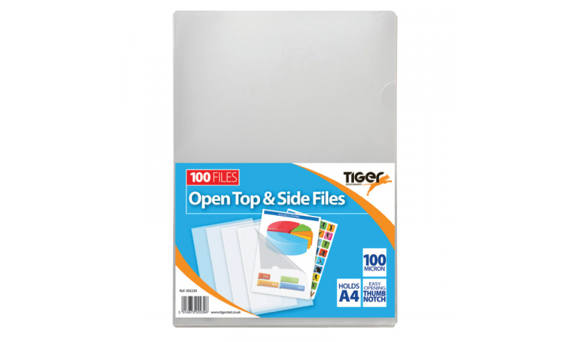 Tiger A4 Open Top & Side Letter Files, 100mic, Pack of 100, Clear.