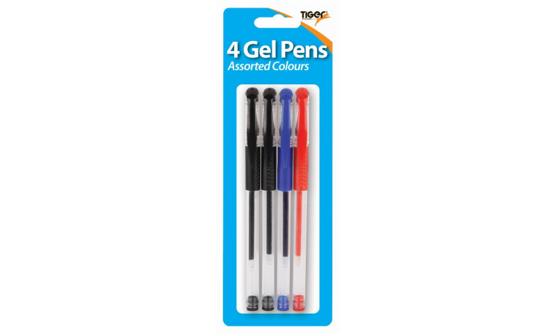 Tiger Gel Writer Pens 4 Pack, Asstd Colours, Hangcarded