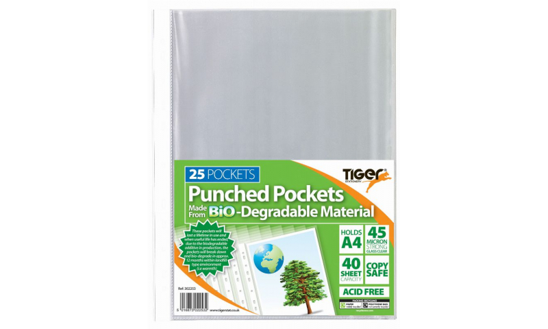 Tiger A4 Environmental Biodegradable Multi-Punched Pockets, 45micron,  25 Pack