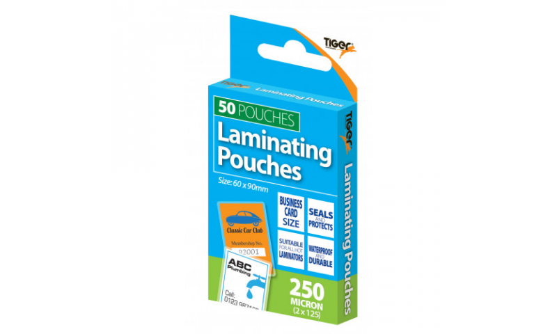 Tiger Business Card 60 x 90mm 250mic Laminating Pouches, pack of 50.