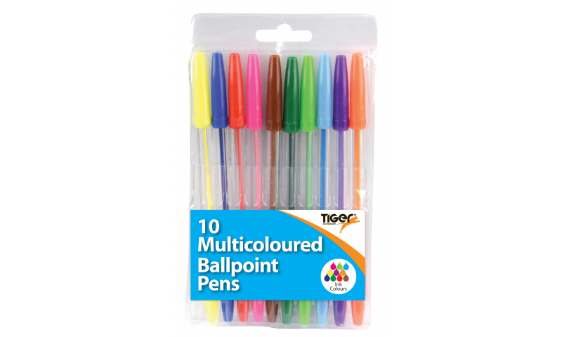Tiger Stick Pen, Bright Multicolour Assortment of 10, Hangpacked.