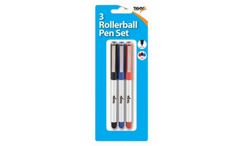 Tiger Rollerball Pens Carded 3 Pack, Black,Blue & Red