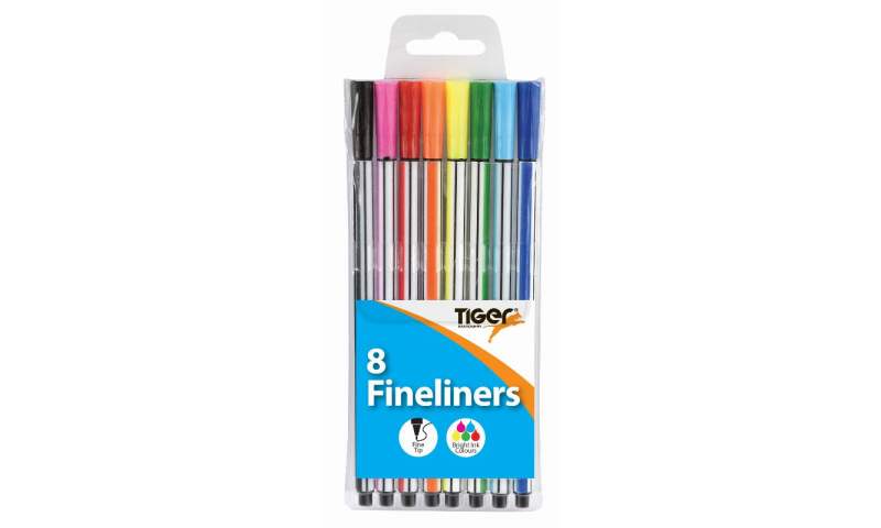 Tiger Coloured Fineliner Pens, 8 Pack of Assorted Colours in Hanging Wallet