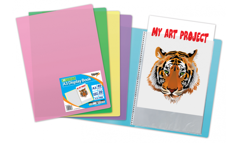 Tiger A3 Pastel Flexicover 20 Pocket Display Book, 100% Recycled, 5 asstd colours.