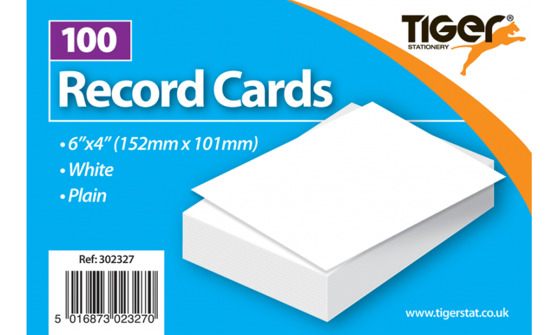 Tiger Record Cards Plain 6x4" 152x101mm 100 Pack.