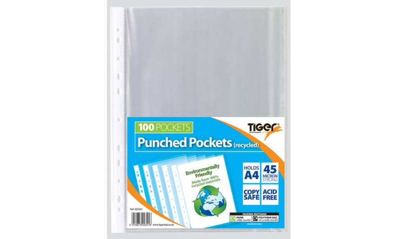 Tiger A4 100% Recycled Multi-Punched Pockets 45mic. 100pk