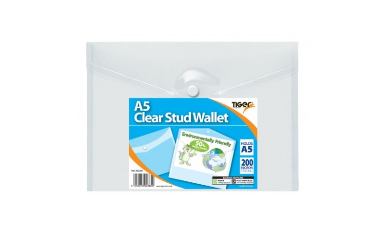 Tiger A5 Eco Stud Wallet Clear-50% recycled pack of 5