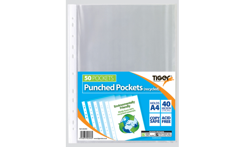 Tiger ECO Recycled Strong 40 Micron A4 Punch Pockets. 50PK