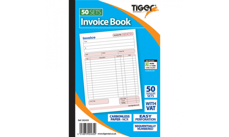 Tiger A5 8x5 NCR Duplicate Invoice Book, 50 sets.