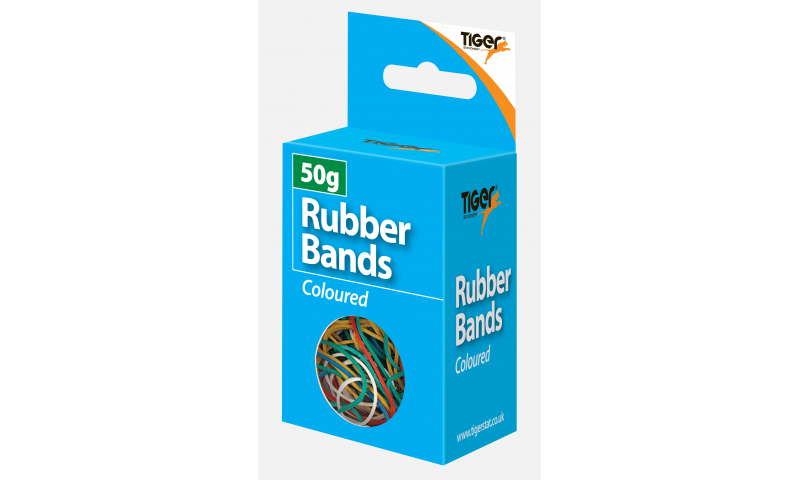 Tiger Coloured Rubber Bands, assorted sizes, 50g.