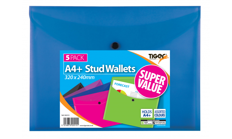 Tiger Value A4+ Stud Wallet, 160mic, 5 assorted colours