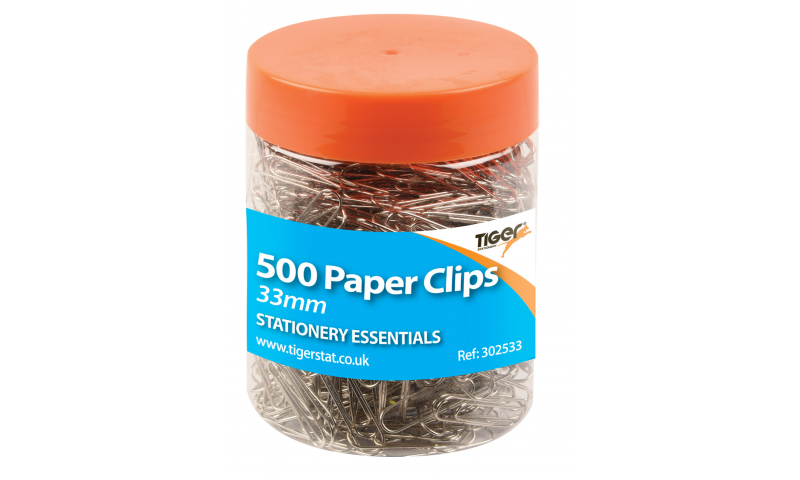 Tiger Tub of 500 Paper Clips, 33mm.