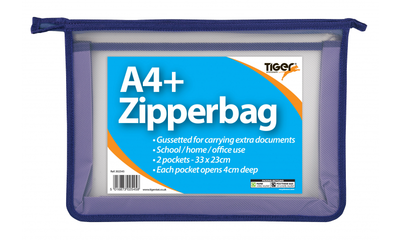 Tiger A4+ Strong, Extra-capacity Zipper bag, 3 assorted colours.