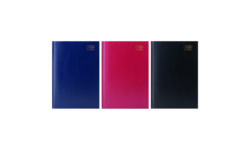 A4 Hard Cover, 2024 Appointments Diary, Daily with Full Day Saturday & Sunday, 3 Asstd Cols