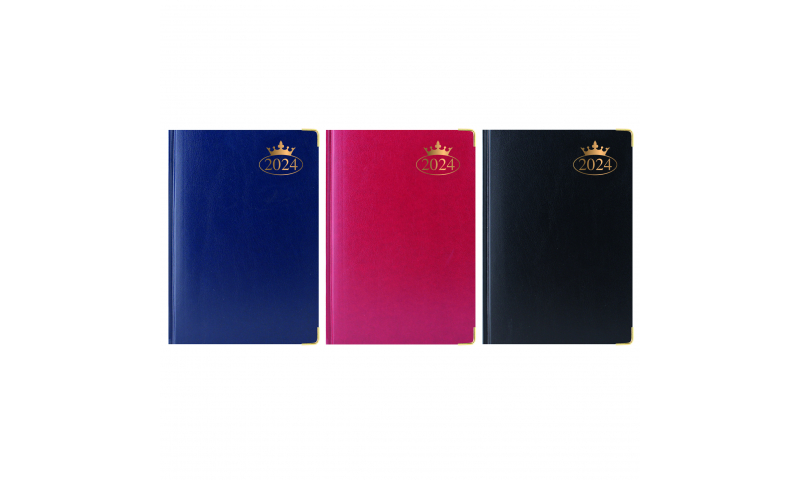 A5 Supreme Padded Cover, 2024 Daily Sewn Diary, Gilt Corners, 70gsm Paper, Gilt Edges, 3 Asstd Colours.