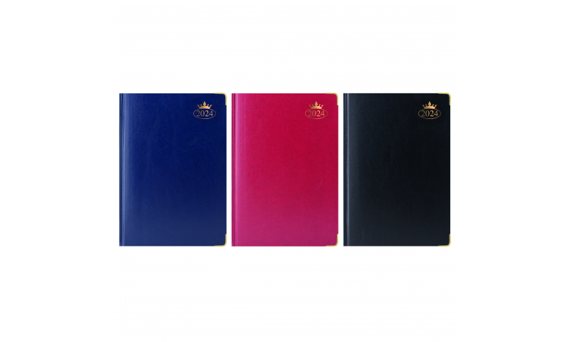 A4 Supreme Padded Cover, 2024 Daily Sewn Desk Diary, Gilt Corners, 70gsm Paper, Gilt Edges, 3 Asstd Colours
