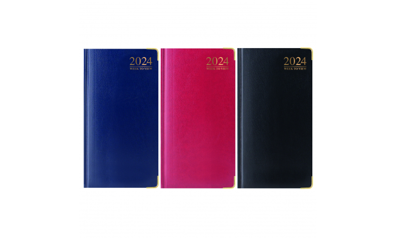 Slim Leathergrain Pocket Diaries 2024, Padded, Gilded Edges, Gilt Corners, 3 Asstd