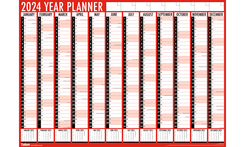 2024 A2 Red & Black Full Year Wallplanner Folded