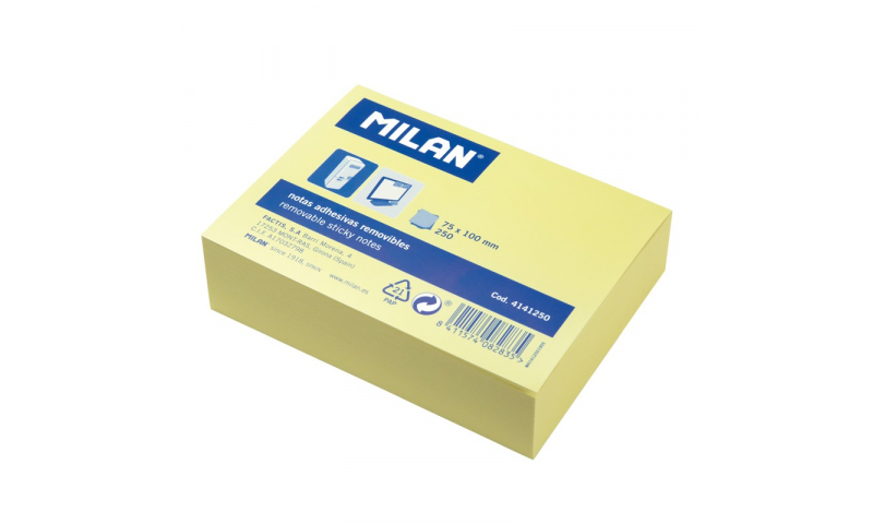 Milan Adhesive Sticky Notes Yellow, Jumbo Pad 250 Sheets 100x75mm