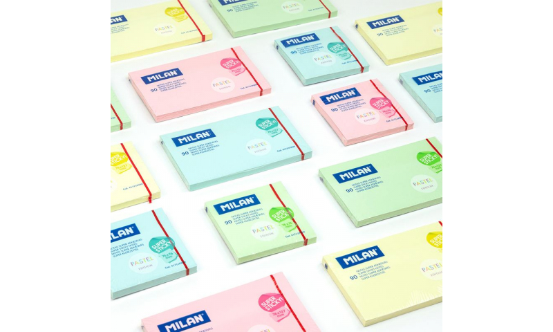 Milan Super Sticky Notes for Plastic, Cardboard, Glass etc. 127x76mm (5x3 Size)  90 Sheet Pad - 4 Pastel Colours to choose