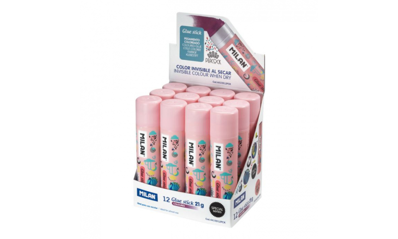 MILAN Colour Changing Glue Stick Medium Pink PEACOCK SERIES 21g - in CDU (New Lower Price for 2022)