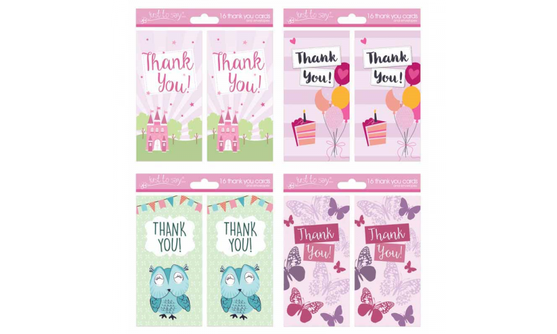 Girls Thank You Cards 4 Asstd, 16 Pack & Envelopes