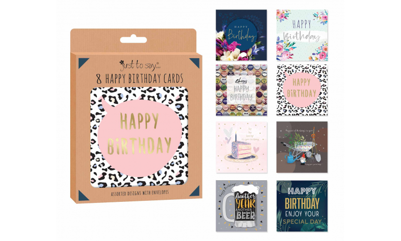 Just to Say Birthday Cards, Pack of 8 adult Assorted, in hang box.
