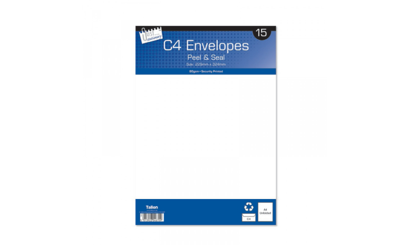 Just Stationery C4 White Peel & Seal envelopes - pack of 15 (New Lower Price for 2022)