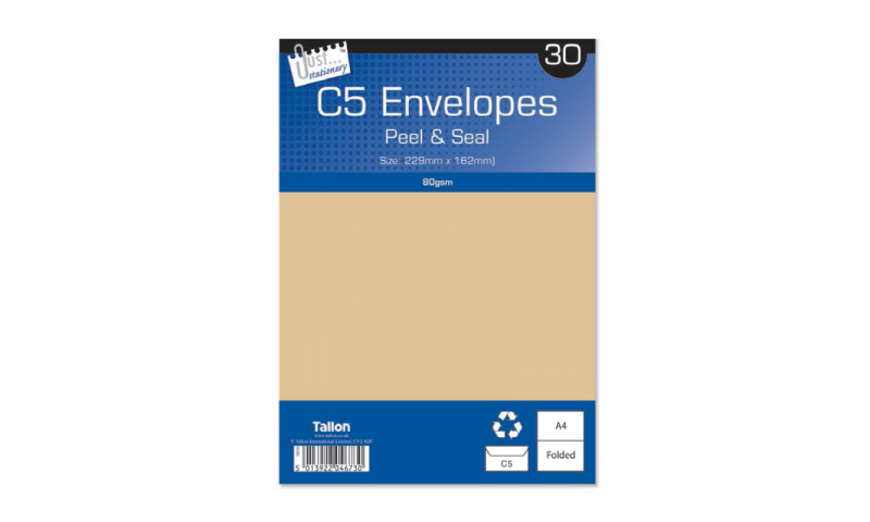 Just Stationery C5 Manilla Peel & Seal envelopes - pack of 30 (New Lower Price for 2022)