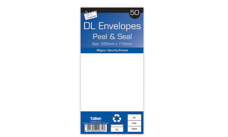 Just Stationery DL White Peel & Seal envelopes - pack of 50