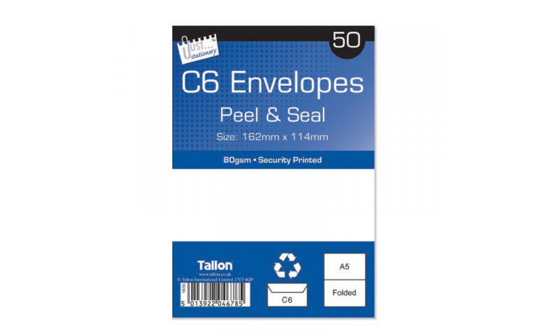 Just Stationery C6 White Peel & Seal envelopes - pack of 50